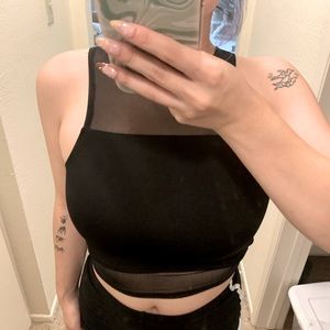 H&M black cropped halter top with mesh lining on top and bottom